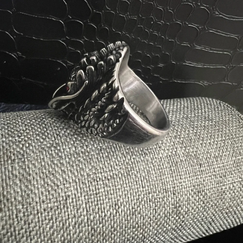 Silver Tone Dragon Head Ring Red Rhinestone Eyes Mens Size 10 Goth